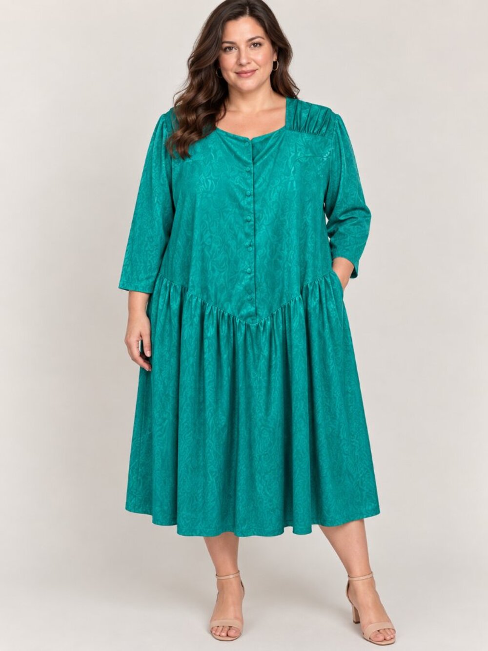 Vintage 80s Lane Bryant B2 2X Teal Jacquard Drop Waist Midi Dress